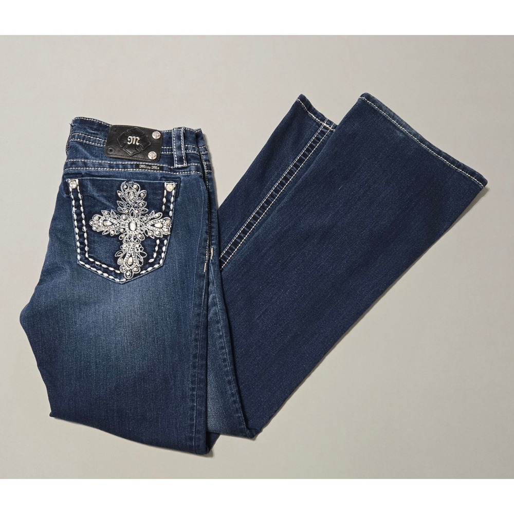 Miss Me Mid Rise Bootcut Jeans Womens 31 Dark Rhinestone Embellished Cross
